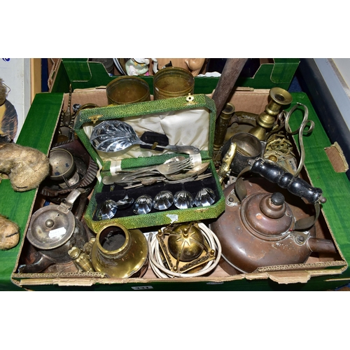 331 - THREE BOXES AND LOOSE METALWARES, CERAMICS, TEDDY BEARS AND SUNDRY ITEMS, to include a large copper ... 