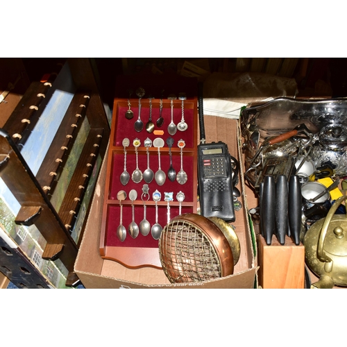 332 - SIX BOXES AND LOOSE CERAMICS, GLASS, METALWARES, AND SUNDRY ITEMS, to include a copper and brass ros... 