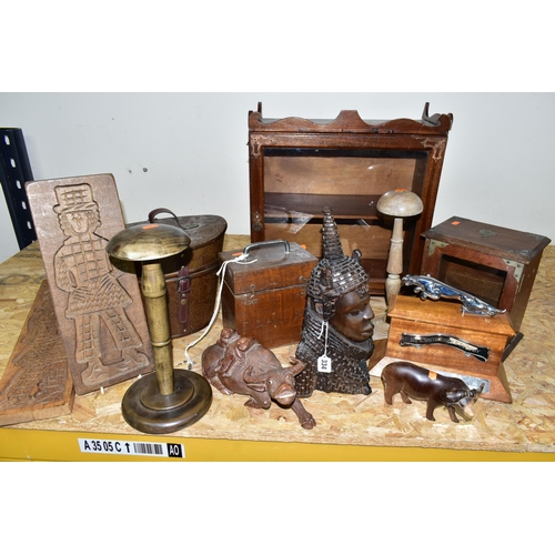 334 - A COLLECTION OF TREEN AND CARVED WOOD,  comprising an African Art tribal bust of a female, two water... 