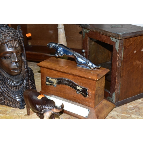 334 - A COLLECTION OF TREEN AND CARVED WOOD,  comprising an African Art tribal bust of a female, two water... 