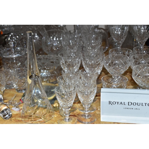 335 - A QUANTITY OF CUT CRYSTAL AND GLASSWARE, comprising a biscuit barrel with silverplate lid, Stuart Cr... 