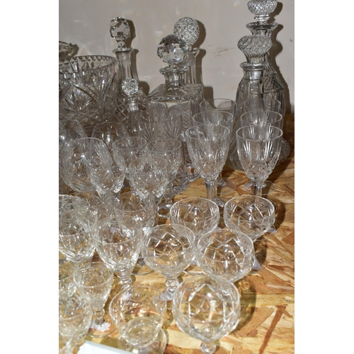 335 - A QUANTITY OF CUT CRYSTAL AND GLASSWARE, comprising a biscuit barrel with silverplate lid, Stuart Cr... 