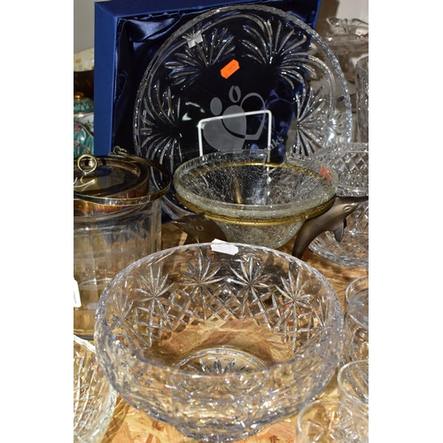 335 - A QUANTITY OF CUT CRYSTAL AND GLASSWARE, comprising a biscuit barrel with silverplate lid, Stuart Cr... 