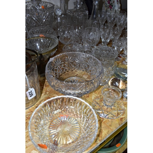 335 - A QUANTITY OF CUT CRYSTAL AND GLASSWARE, comprising a biscuit barrel with silverplate lid, Stuart Cr... 