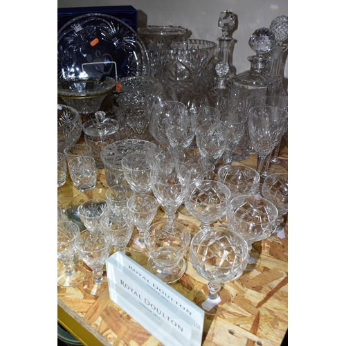 335 - A QUANTITY OF CUT CRYSTAL AND GLASSWARE, comprising a biscuit barrel with silverplate lid, Stuart Cr... 