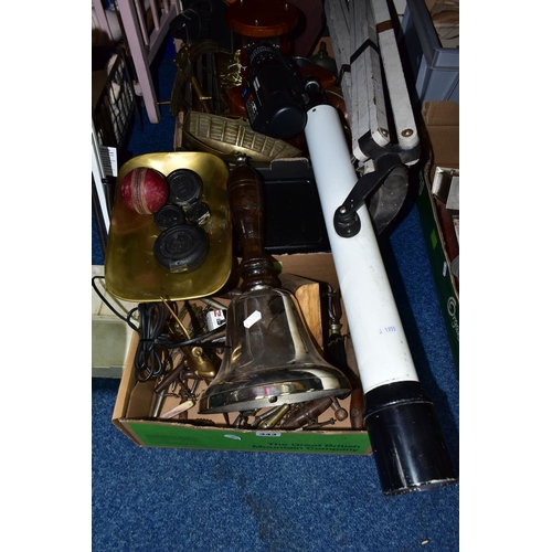 343 - TWO BOXES OF METALWARE AND SUNDRIES, to include a collection of vintage corkscrews and nut crackers,... 