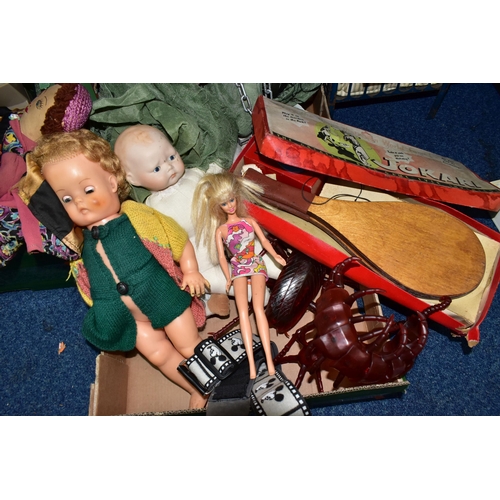 344 - THREE BOXES OF VINTAGE DOLLS AND BOARD GAMES, to include an Elizabeth Anne porcelain head doll, a Ma... 