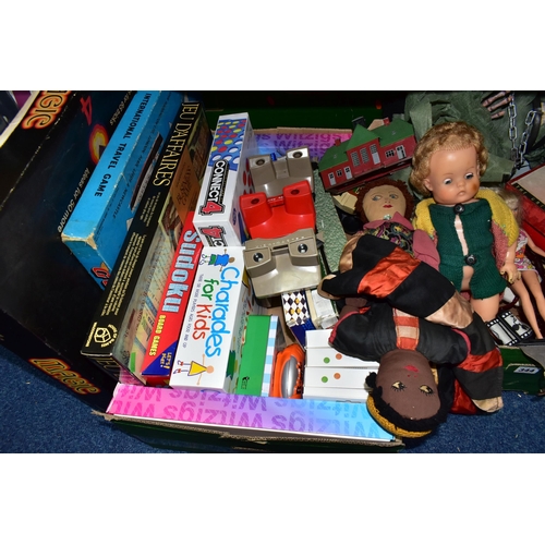 344 - THREE BOXES OF VINTAGE DOLLS AND BOARD GAMES, to include an Elizabeth Anne porcelain head doll, a Ma... 