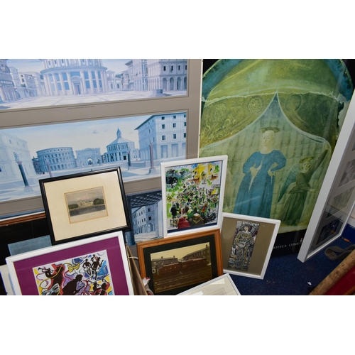 346 - ONE BOX OF FRAMED PRINTS AND THREE LARGE PRINTS, to include twenty six assorted framed prints, drawi... 