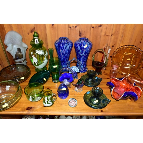 347 - A QUANTITY OF COLOURED GLASSWARE, comprising a Mary Gregory style green glass cream jug, dish and li... 