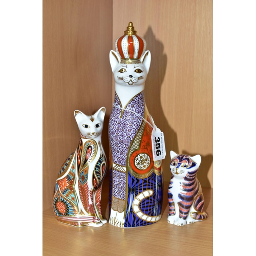 356 - THREE ROYAL CROWN DERBY CAT PAPERWEIGHTS, comprising a Royal Cats Collection 'Abyssinian' cat figure... 