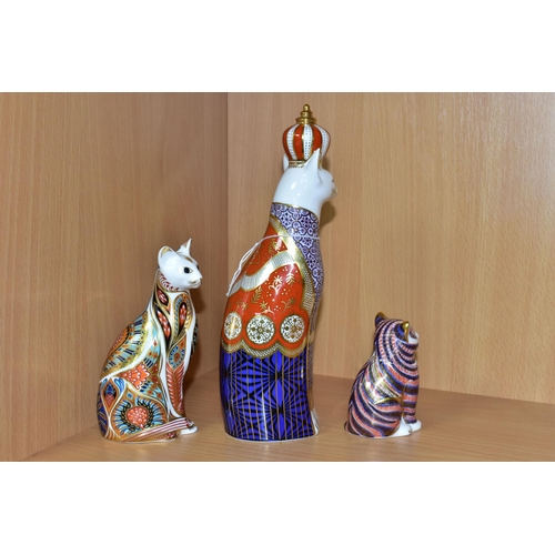 356 - THREE ROYAL CROWN DERBY CAT PAPERWEIGHTS, comprising a Royal Cats Collection 'Abyssinian' cat figure... 