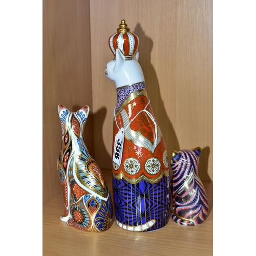 356 - THREE ROYAL CROWN DERBY CAT PAPERWEIGHTS, comprising a Royal Cats Collection 'Abyssinian' cat figure... 