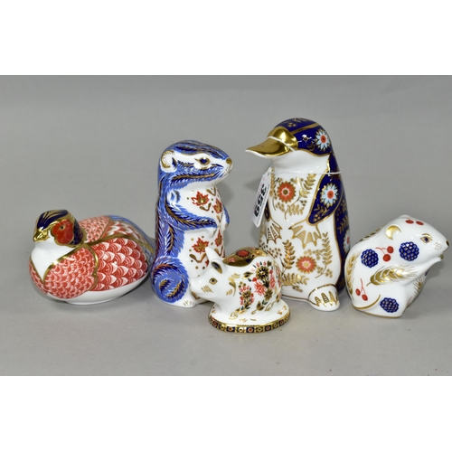 359 - FIVE ROYAL CROWN DERBY PAPERWEIGHTS comprising a Duck Billed Platypus paperweight, with gold stopper... 