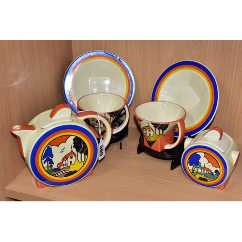 360 - A MOORLAND POTTERY CHELSEA WORKS TEA SET, in the style of Clarice Cliff, comprising a teapot, a cove... 