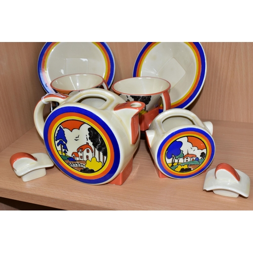 360 - A MOORLAND POTTERY CHELSEA WORKS TEA SET, in the style of Clarice Cliff, comprising a teapot, a cove... 