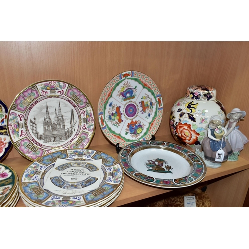 361 - A GROUP OF CERAMICS,  comprising twelve Mason's Ironstone Christmas plates 1975-1986 inclusive (craz... 