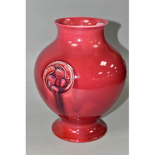 370 - A MOORCROFT PINK FLAMINIAN PATTERN BULBOUS FORM VASE, decorated with three floral roundels, signed o... 