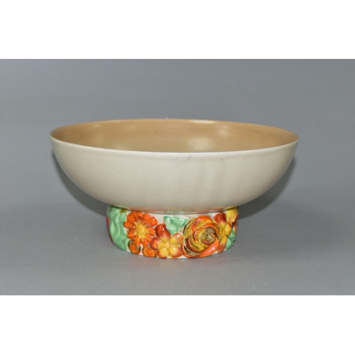 383 - A CLARICE CLIFF FOR WILKINSON POTTERY 'MY GARDEN' FOOTED BOWL, the foot decorated with relief moulde... 