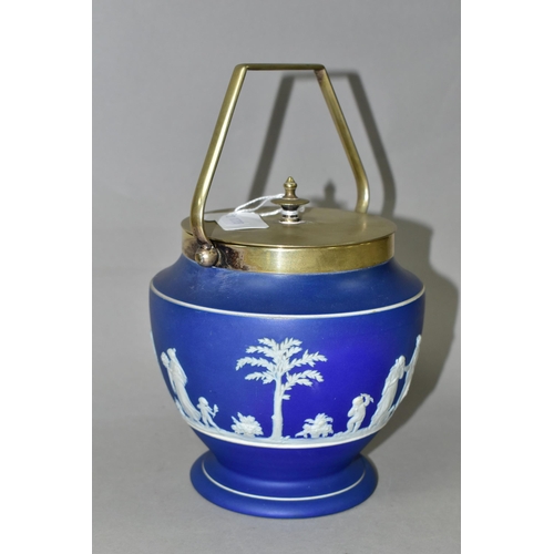 387 - A WEDGWOOD BLUE DIPPED JASPERWARE BISCUIT BARREL, of shaped footed form, having a plated lid, handle... 