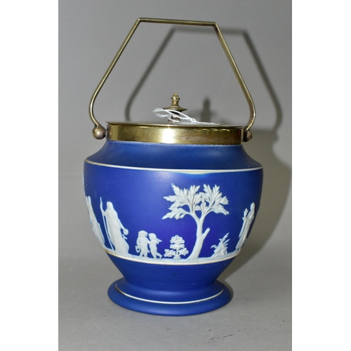 387 - A WEDGWOOD BLUE DIPPED JASPERWARE BISCUIT BARREL, of shaped footed form, having a plated lid, handle... 