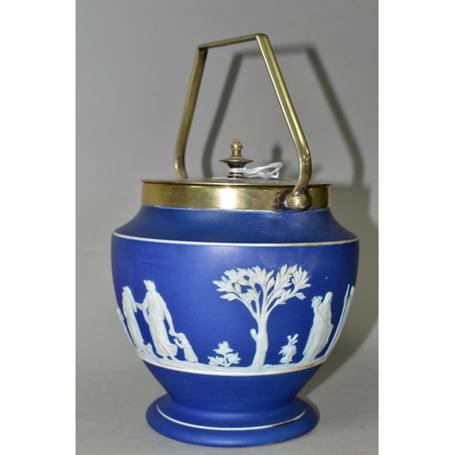 387 - A WEDGWOOD BLUE DIPPED JASPERWARE BISCUIT BARREL, of shaped footed form, having a plated lid, handle... 