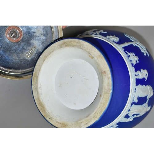 387 - A WEDGWOOD BLUE DIPPED JASPERWARE BISCUIT BARREL, of shaped footed form, having a plated lid, handle... 