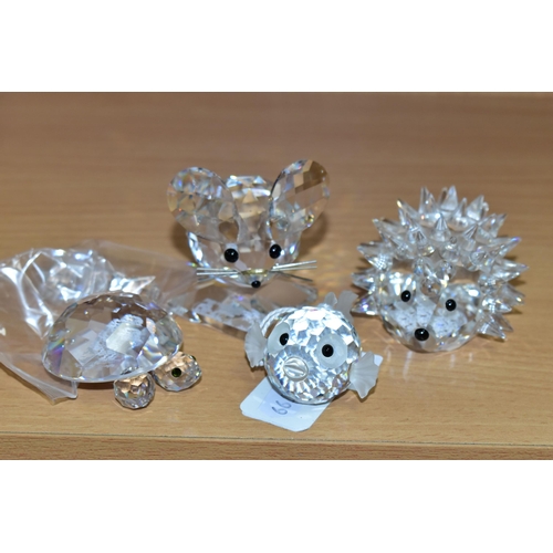 388 - FOUR SWAROVSKI ANIMAL FIGURES, comprising 'Puffer Fish', 'Mouse' (missing tail), 'Turtle' and 'Hedge... 