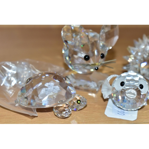 388 - FOUR SWAROVSKI ANIMAL FIGURES, comprising 'Puffer Fish', 'Mouse' (missing tail), 'Turtle' and 'Hedge... 