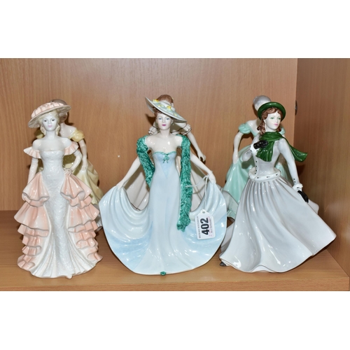 402 - SIX COALPORT LADIES OF FASHION FIGURINES, comprising 'Winter Stroll', 'Henrietta', 'Elegance', 'Gera... 