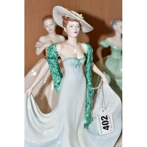 402 - SIX COALPORT LADIES OF FASHION FIGURINES, comprising 'Winter Stroll', 'Henrietta', 'Elegance', 'Gera... 