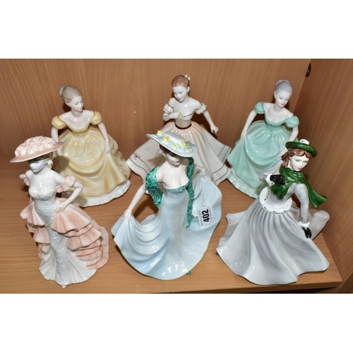 402 - SIX COALPORT LADIES OF FASHION FIGURINES, comprising 'Winter Stroll', 'Henrietta', 'Elegance', 'Gera... 