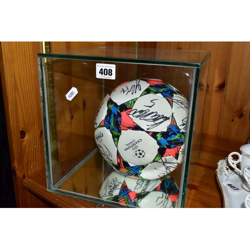 408 - A SEALED GLASS CASE CONTAINING A SIGNED FOOTBALL, from the 2015 UEFA Champions League Cup Final betw... 