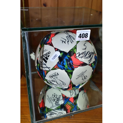 408 - A SEALED GLASS CASE CONTAINING A SIGNED FOOTBALL, from the 2015 UEFA Champions League Cup Final betw... 