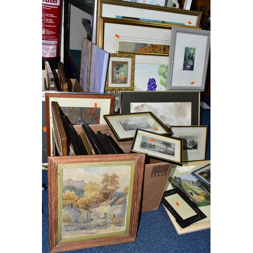 414 - TWO BOXES AND LOOSE PAINTINGS AND PRINTS ETC, to include Rosemary Morison 'Gloucestershire Pollardin... 