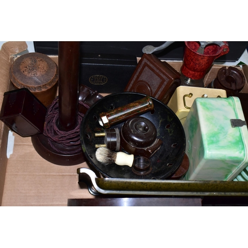 416 - ONE BOX OF BAKELITE SUNDRIES, to include a cased Sahli Haemoglobinometer, desktop pen holder, deskto... 