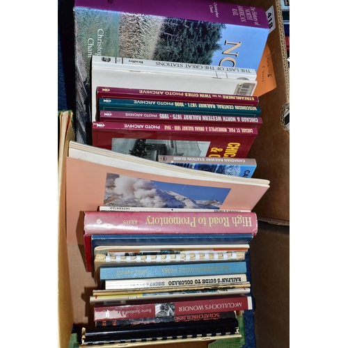 418 - RAILWAY BOOKS, five boxes containing over 100 book titles on American Railroads and Locomotives and ... 