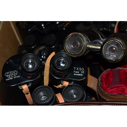 419 - ONE BOX OF VINTAGE BINOCULARS, to include twelve pairs, makers names Zenith, Tasco, Carl Zeiss, Mom,... 