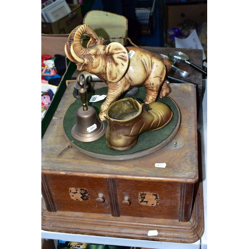 421 - AN EARLY 20TH CENTURY WOODEN GRAMOPHONE AND A WOODEN CASE OF PHOTOGRAPHIC EQUIPMENT, together with a... 