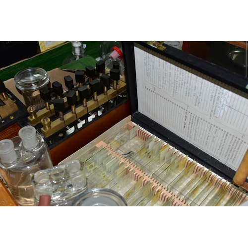 427 - TWO BOXES AND LOOSE SCIENTIFIC EQUIPMENT ETC, to include a Duorider balance scale in a wood and glas... 