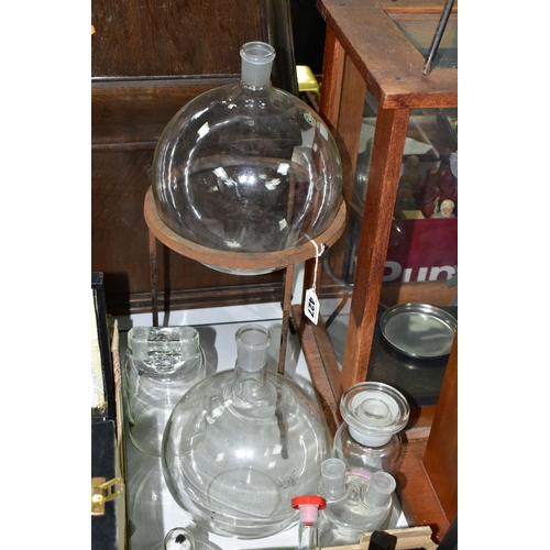 427 - TWO BOXES AND LOOSE SCIENTIFIC EQUIPMENT ETC, to include a Duorider balance scale in a wood and glas... 