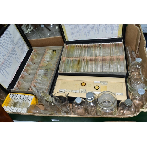 427 - TWO BOXES AND LOOSE SCIENTIFIC EQUIPMENT ETC, to include a Duorider balance scale in a wood and glas... 