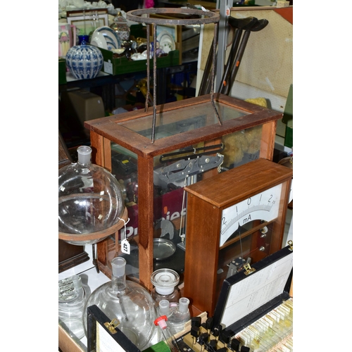 427 - TWO BOXES AND LOOSE SCIENTIFIC EQUIPMENT ETC, to include a Duorider balance scale in a wood and glas... 