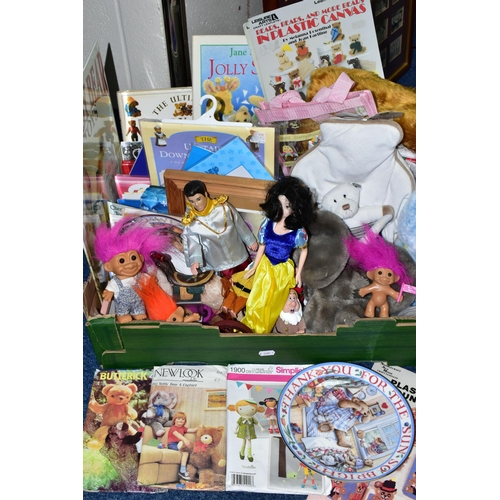 428 - A BOX OF ASSORTED TOYS ETC to include a Disney Micky Mouse wearing a bunny suit soft toy, a Puppet C... 