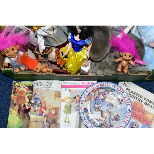 428 - A BOX OF ASSORTED TOYS ETC to include a Disney Micky Mouse wearing a bunny suit soft toy, a Puppet C... 