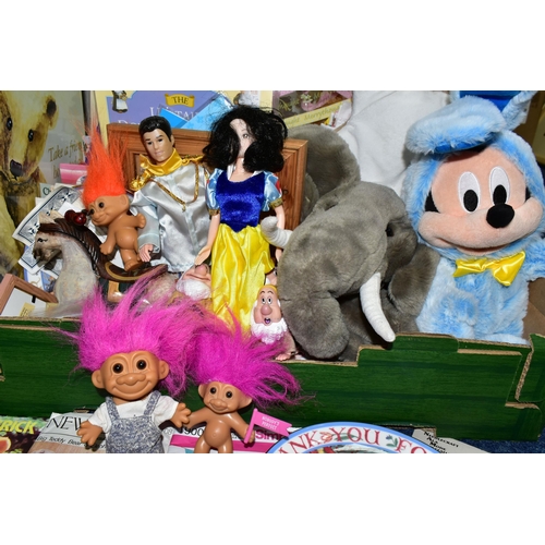 428 - A BOX OF ASSORTED TOYS ETC to include a Disney Micky Mouse wearing a bunny suit soft toy, a Puppet C... 