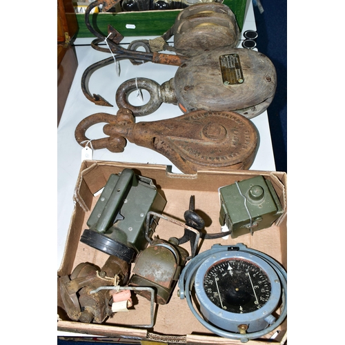 430 - A BOX AND LOOSE SUNDRY ITEMS ETC, comprising a ships compass, a metal lifting block with broad arrow... 