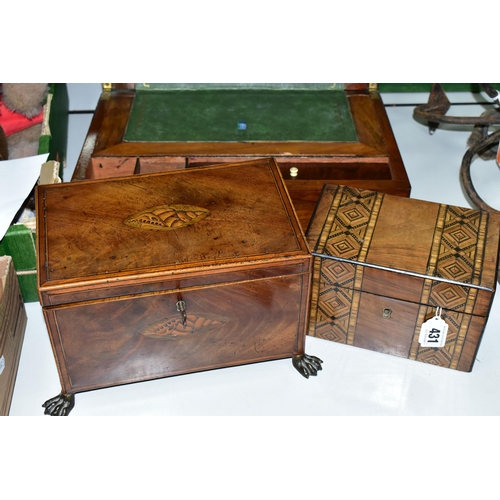 431 - THREE VICTORIAN WOODEN BOXES, comprising a  Tunbridge ware tea caddy, mahogany tea caddy with key an... 