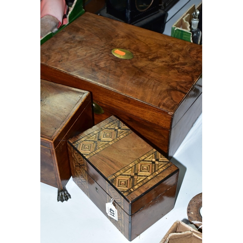 431 - THREE VICTORIAN WOODEN BOXES, comprising a  Tunbridge ware tea caddy, mahogany tea caddy with key an... 