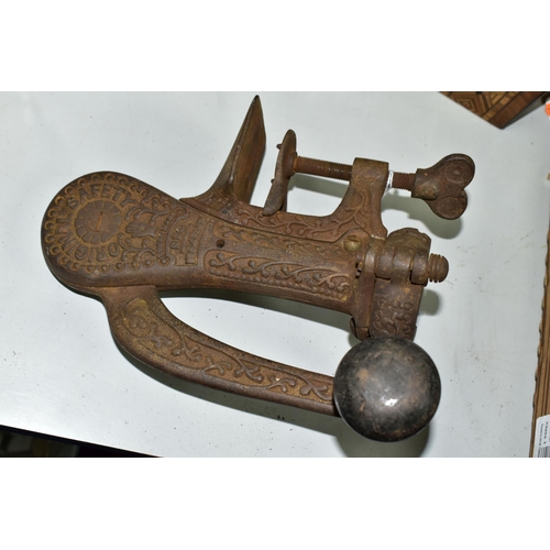 432 - A CAST METAL 'ORIGINAL SAFETY' TABLE MOUNTED CORKSCREW